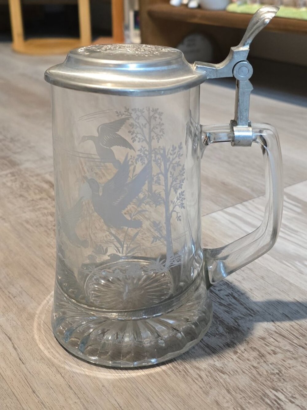 Vintage Domex Old Germany Etched Glass Beer Stein - Mallard Duck Pewter Lid